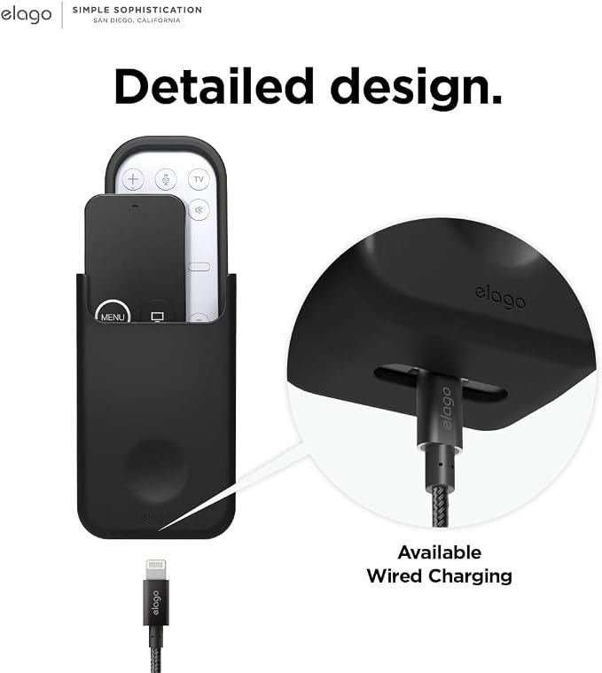 elago Universal Remote Holder Mount Compatible with Apple TV Remote and All Other Remote Controls - Adhesive Tape or Screw Mounting Options, Available Wired Charging [Medium] [Black]