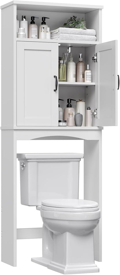 Over The Toilet Storage Cabinet, Over Toilet Bathroom Organizer with Adjustable Shelf and Double Doors, Space Saver Shelf Above Toilet Storage Cabinet (White)