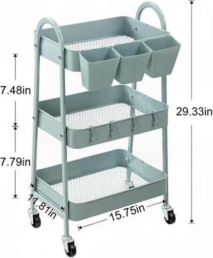 danpinera 3-Tier Rolling Cart, Utility Cart Mobile Metal Rolling Storage Cart with Lockable Wheels & Hanging Cups & Hooks for Kitchen, Bathroom, Office, Workshop, Gray Blue