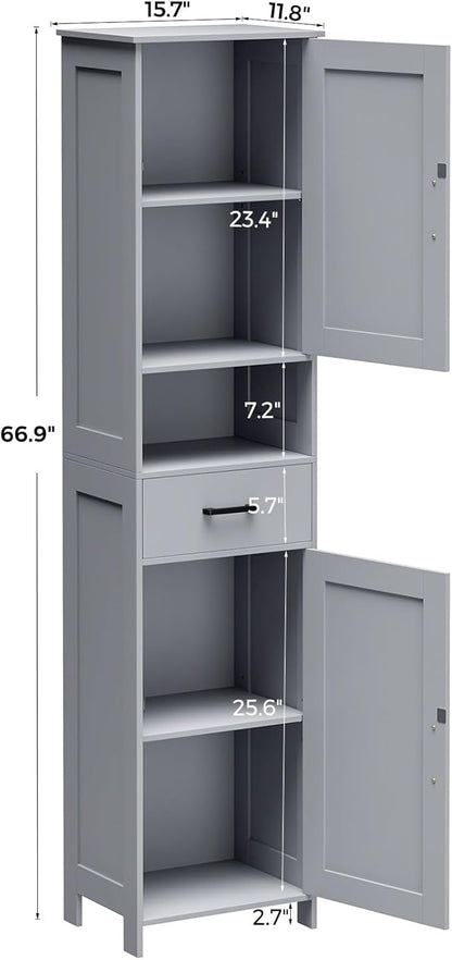 Homhedy 67" H Tall Bathroom Storage Cabinet with 2 Barn Doors and 1 Drawer, Narrow Storage Unit, Adjustable Shelves, Floor Cabinet for Bathroom, Living Room, Entryway, Kitchen, Gray, (15.7" W)