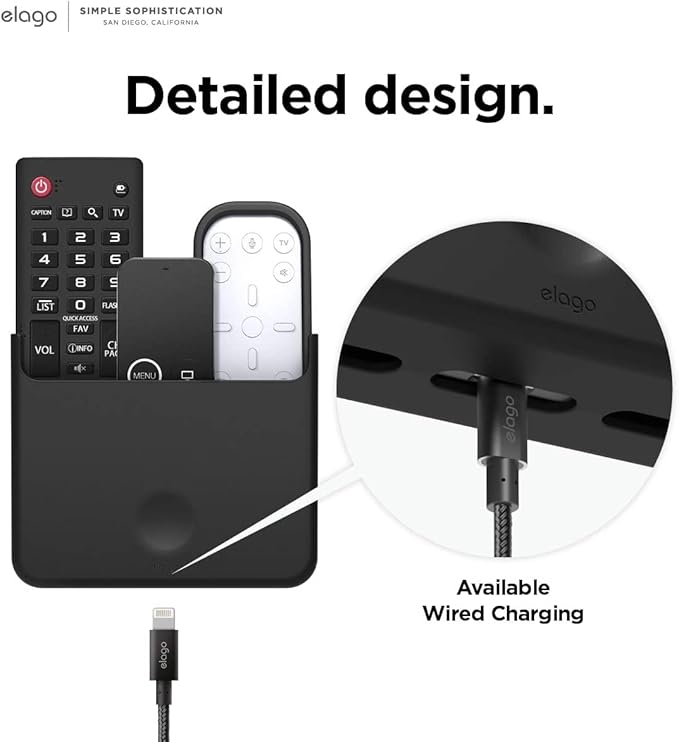elago Universal Remote Holder Mount Compatible with Apple TV Remote and All Other Remote Controls - Adhesive Tape or Screw Mounting Options, Available Wired Charging [Large] [Black]