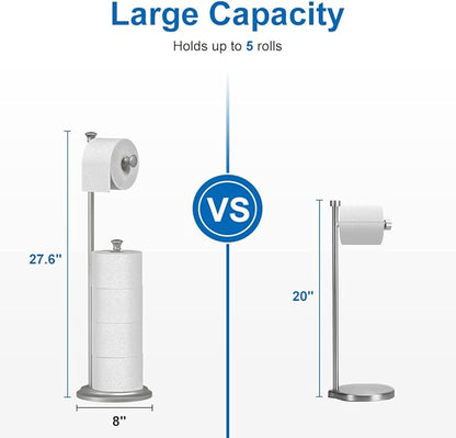 Free Standing Toilet Paper Holder Stand Brushed Nickel Toilet Roll Stand Bathroom Tissue Rack with Storage Reserves 5 Mega Rolls
