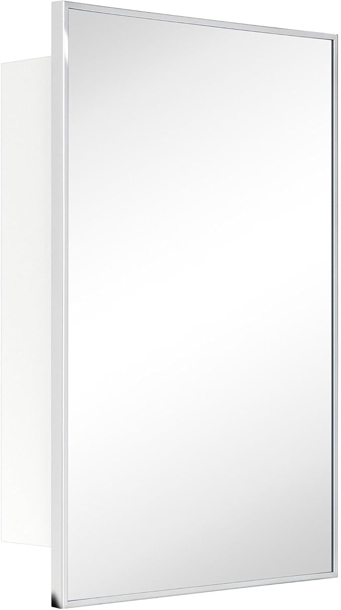 TEHOME 17.5'' x 29'' Chrome Recessed and Surface Mount Bathroom Medicine Cabinet with Mirror Square Cornered Metal Framed Rounded Rectangle Medicine Cabinet Mirror
