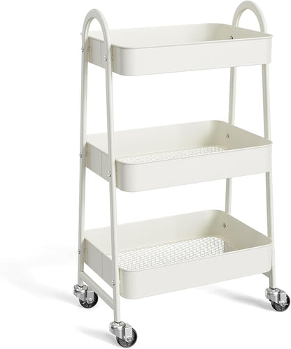 NEWBULIG 3-Tier Metal Rolling Storage Cart, Heavy Duty Mobile Utility Organizer Shelf with Lockable Wheels, Multifunctional Trolley for Daily Supplies, Home Indoor Daily Use, White