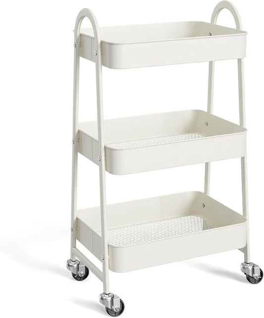 NEWBULIG 3-Tier Metal Rolling Storage Cart, Heavy Duty Mobile Utility Organizer Shelf with Lockable Wheels, Multifunctional Trolley for Daily Supplies, Home Indoor Daily Use, White