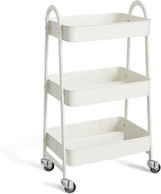 NEWBULIG 3-Tier Metal Rolling Cart with Lockable Wheels, Heavy Duty Mobile Utility Storage Shelf, Roller Book Snack Cart, Organization for Livingroom, Bathroom, Office, White