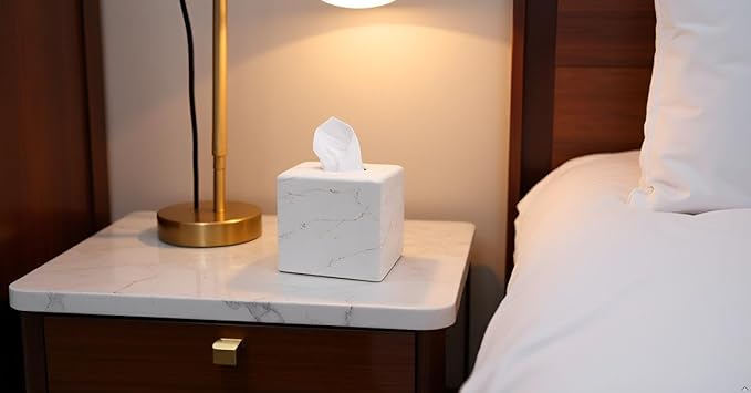 Marble Tissue Box Cover Square Decorative Stone Klenex Box Holder for Bathroom & Living Room with Handcrafted Texture (Marble-B)