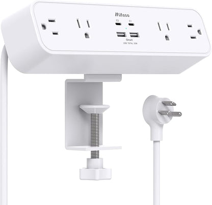 PD40W Desk Clamp Power Strip, Desktop Mount Surge Protector, Fast Charging Station, 5Ft Extension Cord Desk Edge Mount Shelf with 4 Outlets 4 USB Ports (2 USB C), Home Office Accessories Essentials