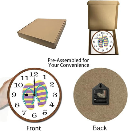 Flip Flops Wall Clock 10 Inch Silent Non Ticking Battery Operated Wooden Modern Office Simple Minimalist Clock Decorative for Kitchen Home Bathroom Living Room