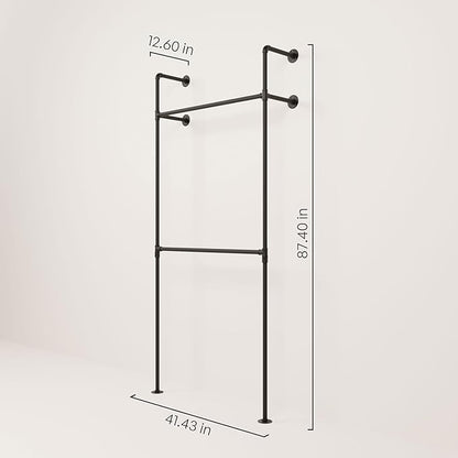 pamo Industrial Pipe Clothing Rack with Shelf – Wall Mounted Black Closet System in Powder-Coated Steel – 41.4" W × 87.4" H – Easy Setup – Ideal for Walk-In Closets & Retail Use