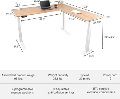 Stand Up Desk Store Triple Motor Electric L-Shaped Corner Standing Desk with EZ Assemble Frame (White Frame/Natural Walnut Top, 71" W x 71" D)