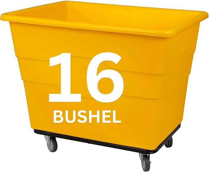 ReadySpace Commercial 16 Bushel Utility Cart with Steel Base, Poly Box Basket Truck, Laundry Cart, and Rolling Trash Bin, 47-Inch x 34.75-Inch x 35.5-Inch, 1000 Pound Weight Capacity, Yellow