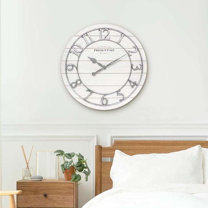 Presentime & Co Classic Farmhouse Shiplap Clock, 19.5 inch, Galvanized Finish Arabic Numerals with White Shiplap Style. Large Farmhouse Decor for Living Room, Entryway, Home Office. Wall Décor