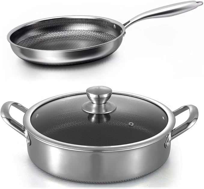 Hybrid Stainless Steel Cookware Set-6QT Sauté Pan with Lid,10 Inch Nonstick Frying Pan,Induction Compatible,PFOA Free,Dishwasher & Oven Safe