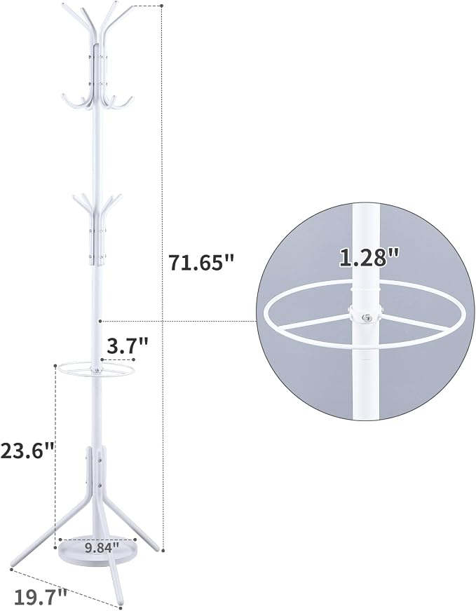 Kitsanery Coat Rack Freestanding,Metal Coat Tree with Umbrella Holder,Hat and Coat Rack Stand for Entryway, Hallway, Living Room, Bedroom (White)