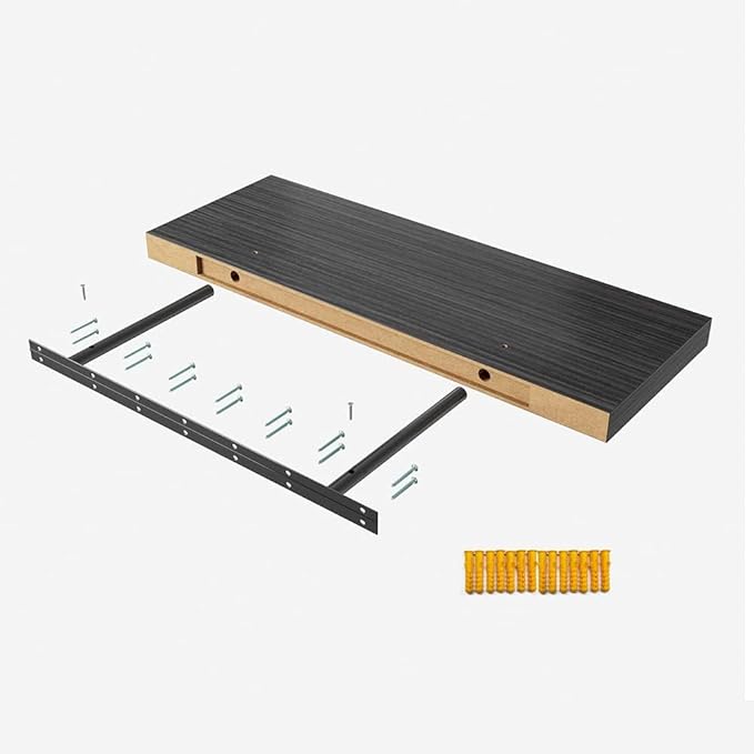 JPND Floating Shelf, Set of 3 Wall Shelf, 24 in W x 12.75 in D x 2 in H Wooden Floating Wall Shelf with Invisible Brackets for Living Room/Bedroom/Bathroom/Kitchen Storage and Decor, Black Wood