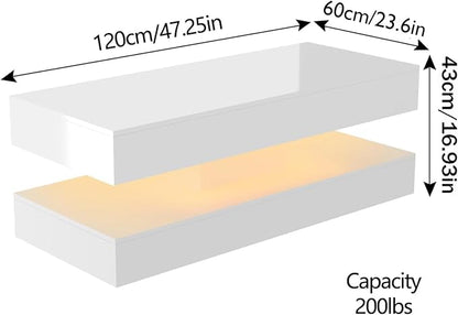 Uspeedy 47.3in Large High Glossy LED Coffee Table with 2 Storage Drawers,Black/White Modern Coffee Tables for Living Room,Living Room Tables,APP LED Lights (White)