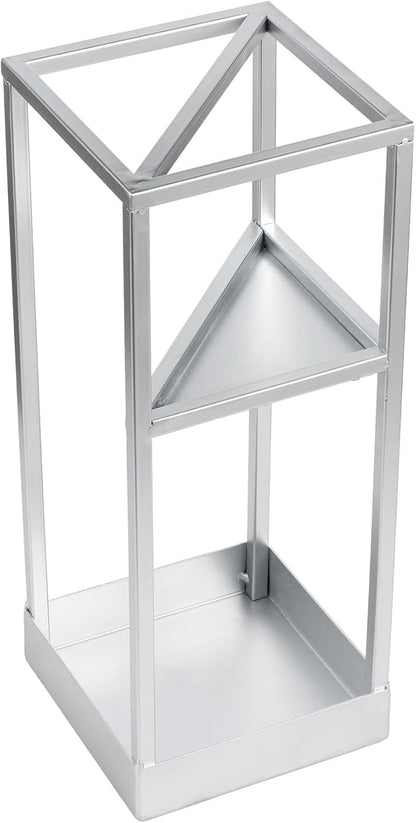 MyGift 20 Inch Tall Modern Silver Tone Metal Geometric Freestanding Entryway Umbrella Rack or Cane Holder with Shelf for Small Umbrellas and Bottom Drip Tray