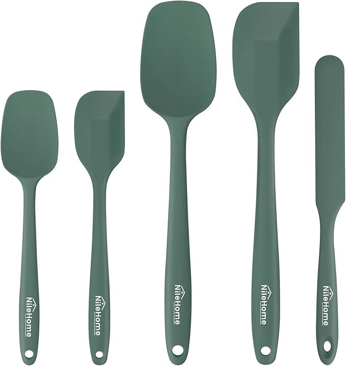 NileHome Silicone Spatula Set, 5 Pieces Food Grade Kitchen Utensils with Silicone Brush Heat Resistant Up to 600°F BPA-free Rubber Spatula for Scraping, Baking, Cooking, Mixing—Green