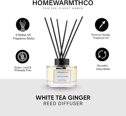 White Tea Amber Reed Diffuser Set–Luxury Natural Fragrance Reed Diffusers for Hotel, Office, Bathroom, Kitchen, Home & Shelf Decor Long Lasting Scent with Non-Toxic Oils Gift Ready 5.63 oz 160ml