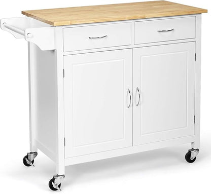 NAFORT Rolling Kitchen Island Cart on Wheels, Utility Trolley Cart Bar Serving Cart w/Rubber Wood Top, Handle Rack, Storage Cabinet and Drawers for Home Kitchen Dining Room, White