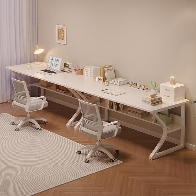 Extra Long Desk with Bookshelf - 55" Double Long Writing Table for 2-Person Workstation, Modern Study Work Computer Desk for Home and Office, Warm White