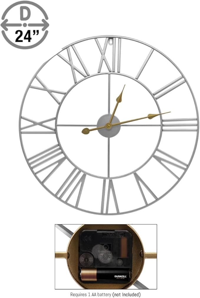 Sorbus Large Wall Clock for Living Room Decor - 24 inch Big Wall Clock Decorative - Battery Operated - Roman Numeral Analog Large Clock for Bedroom, Room, Home, Kitchen, Office, Wall Decor (Silver)