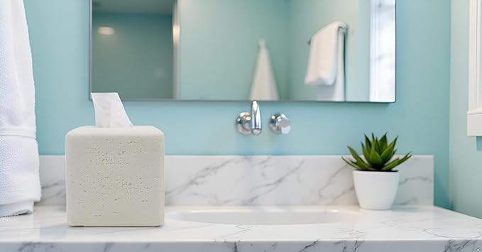Travertine Tissue Box Cover Square Decorative Stone Klenex Box Holder for Bathroom & Living Room with Handcrafted Texture (Light White)