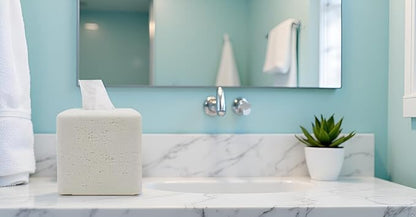 Travertine Tissue Box Cover Square Decorative Stone Klenex Box Holder for Bathroom & Living Room with Handcrafted Texture (Light White)
