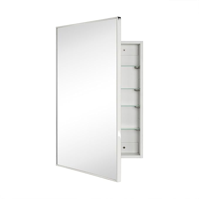TEHOME 20'' x 30'' Polished Nickel Recessed and Surface Mount Bathroom Medicine Cabinet with Mirror Square Cornered Metal Framed Rounded Rectangle Medicine Cabinet Mirror