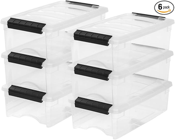IRIS USA 6-Pack Storage Bins with Lids, 6 Quart, Made in USA Stackable See-Through Organizing Solution Latches Durable Nestable Containers Secure Pull Handle, BPA-Free Plastic