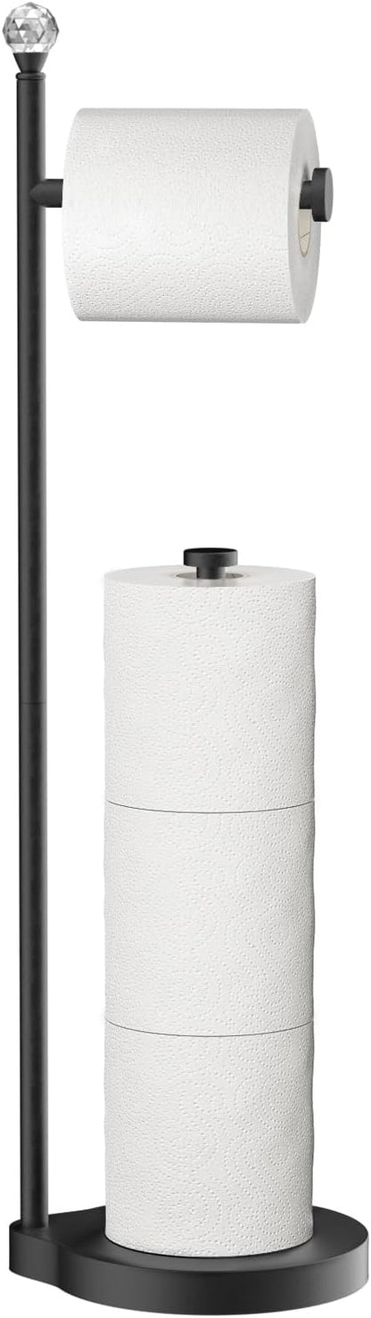 KASUNTO Toilet Paper Holder for Bathroom, Heavy Weighted Metal Free Standing Toilet Paper Storage with Crystal Ball, Toilet Paper Stand for Bathroom Accessories, Matte Black [Holds MEGA Rolls]