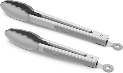 2 Pack Silicone Kitchen Tongs – 9" & 12" Set, Heat Resistant up to 500°F, Non‑Stick Cookware Safe, Wavy Silicone Tips, BPA Free, Locking Clip & Hanging Loop, Grey