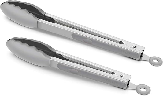 2 Pack Silicone Kitchen Tongs – 9" & 12" Set, Heat Resistant up to 500°F, Non‑Stick Cookware Safe, Wavy Silicone Tips, BPA Free, Locking Clip & Hanging Loop, Grey
