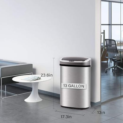 FDW Kitchen Trash can for Bathroom Bedroom Home Office Automatic Touch Free Garbage bin with lid Brushed Stainless Steel Rectangular 13 Gallon / 50L