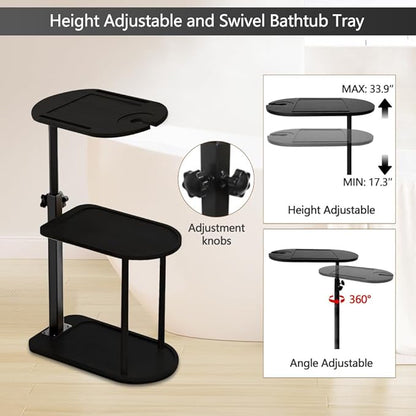 3 Layer Bathtub Tray Table,Bamboo Swivel Bathtub Side Table Height Adjustable,Freestanding Bathtub Tray for Tub Against Wall,Bathtub Accessories&Bathroom Organizer for Luxury Home Spa (Black)