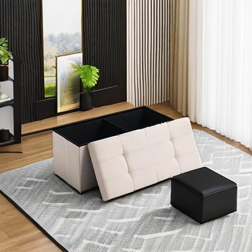 CUYOCA Storage Ottoman Bench Foldable Seat Footrest End of Bed Ottoman with Flipping Lid for Living Room, 75L, 30 inches Linen Fabric Beige