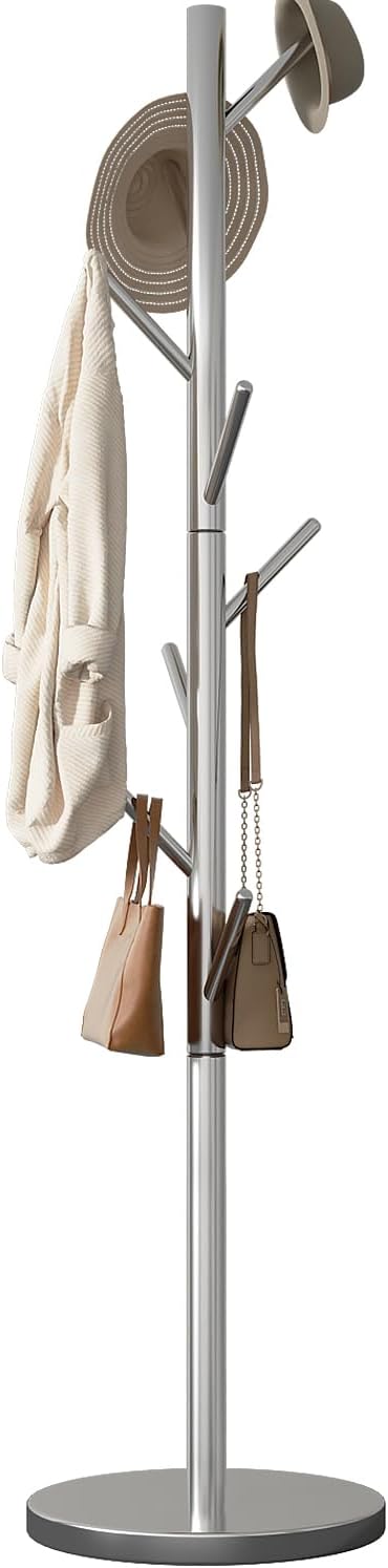 Silver Coat Tree Freestanding, Metal Standing Coat Rack, Stainless Steel Coat Rack Freestanding Modern Coat Stand for Entryway, Hallway, Bedroom (Silver)