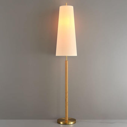 Globe Electric 61000173 63" Floor Lamp, Matte Brass, Wood Toned Accent, Long White Fabric Shade, in-Line On/Off Foot Switch, 6.7-Foot Clear Cord, 1-Light, 60W E26/Medium Base Bulb