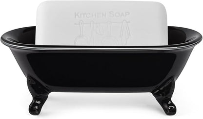 6.5" Ceramic Mini Decorative Clawfoot Bathtub Bar Soap Dish, Kitchen Sponge Holder and Shower Tray for Bathroom, 1 Pack (Black Silver Rim)
