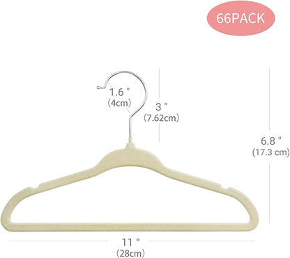 ManGotree 11" Baby Velvet Hangers, Non-Slip Kids Coat Hangers with 360° Swivel Hook, Ultra-Thin Felt Children's Hanger for Infant & Toddler Clothes, 66 Pack (Beige)