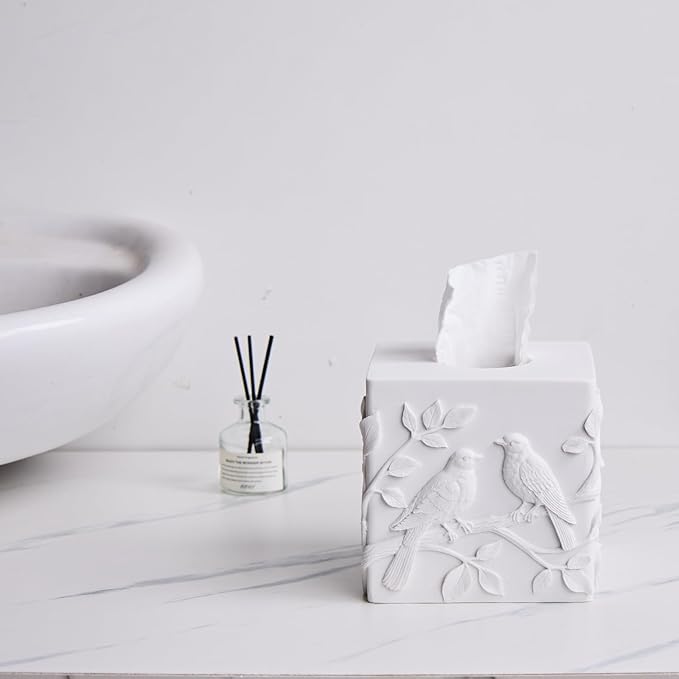 White Marble Relief Birds Square Tissue Box Cover Decorative,Resin Heavy Sturdy Tissue Box Holder, Facial Paper Holder for Bathroom Vanity Countertop, Bedroom Night Stand,Office and End Table
