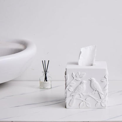 White Marble Relief Birds Square Tissue Box Cover Decorative,Resin Heavy Sturdy Tissue Box Holder, Facial Paper Holder for Bathroom Vanity Countertop, Bedroom Night Stand,Office and End Table