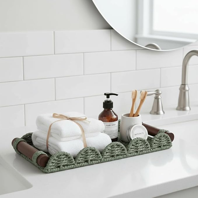 CubesLand Bathroom Toilet Paper Tray Organizer, Scalloped Decorative Tray w/Wood Handle for Counter, Shelves, Wicker Tray for Farmhouse Rustic Home Decor, Coffee Table Decor, Seasonal Decor, Green
