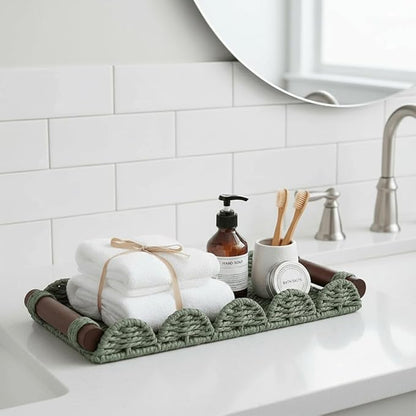 CubesLand Bathroom Toilet Paper Tray Organizer, Scalloped Decorative Tray w/Wood Handle for Counter, Shelves, Wicker Tray for Farmhouse Rustic Home Decor, Coffee Table Decor, Seasonal Decor, Green