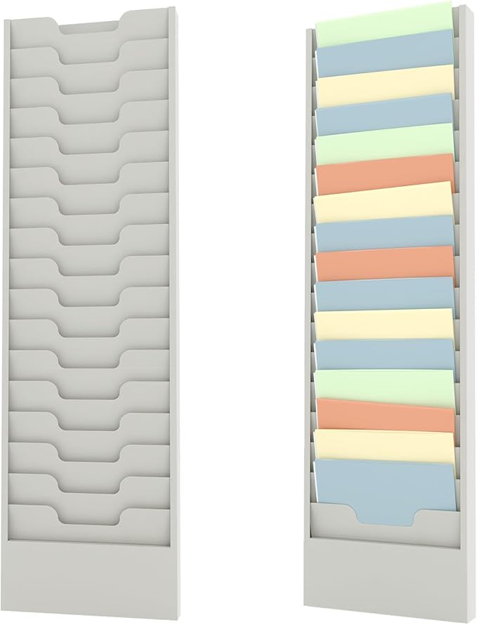 OSKIE Wall-Mount File Organizer, 16 Pockets Document Holder, Metal Construction, Gray White Powder-Coated, 14x3x46H inches