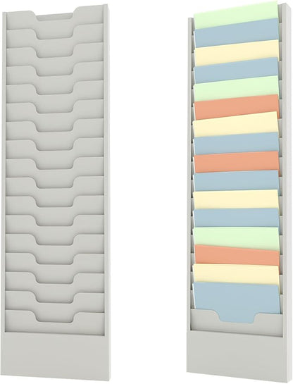 OSKIE Wall-Mount File Organizer, 16 Pockets Document Holder, Metal Construction, Gray White Powder-Coated, 14x3x46H inches