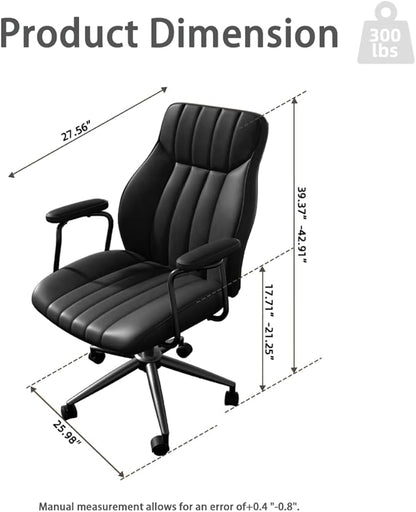Black Leather Office Desk Chair with Wheels and Arms, Height Adjustable, Vintage, Mid Century Modern Style