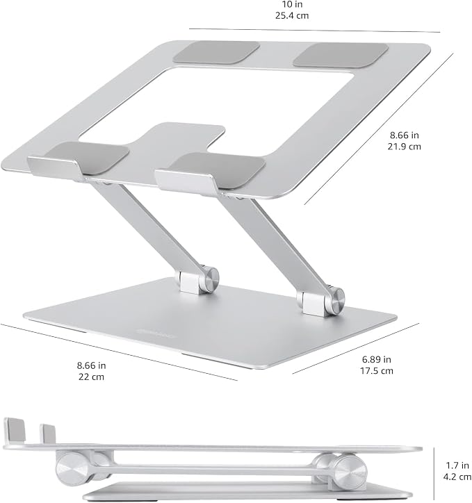 Amazon Basics Sturdy and Portable Ergonomic Laptop Stand for Desk, Height Adjustable Riser with Ventilated Cooling, Foldable, Fits all Laptops up to 15.6 Inch, Silver