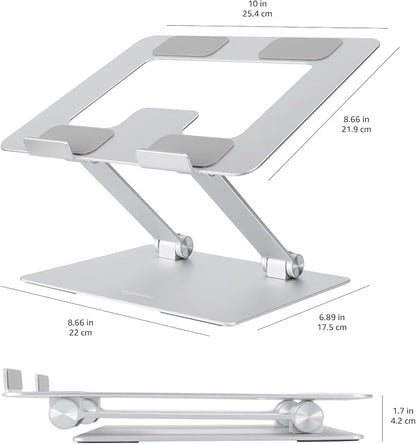 Amazon Basics Sturdy and Portable Ergonomic Laptop Stand for Desk, Height Adjustable Riser with Ventilated Cooling, Foldable, Fits all Laptops up to 15.6 Inch, Silver